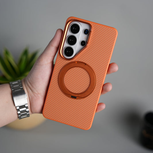 Galaxy S26 Ultra Carbon Textured Metal Camera Ring and Rotating Kick Stand Case