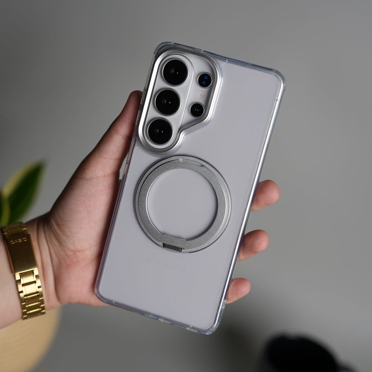 Galaxy S26 Ultra Clear Cover With Metal Stand and Metal Camera Bump