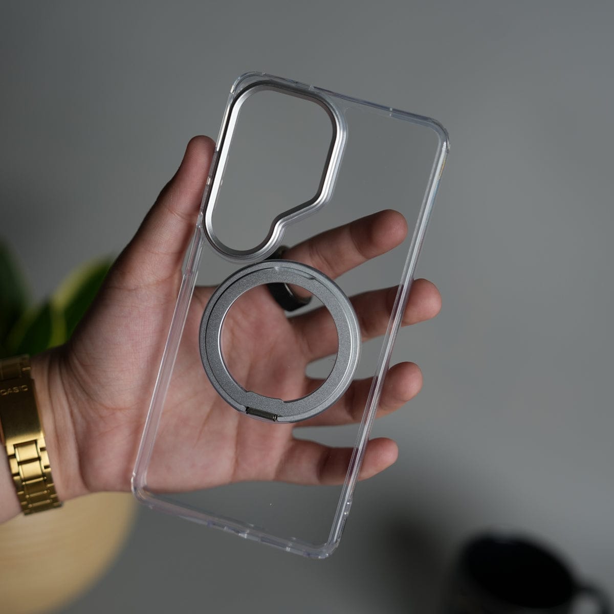 Galaxy S26 Ultra Clear Cover With Metal Stand and Metal Camera Bump